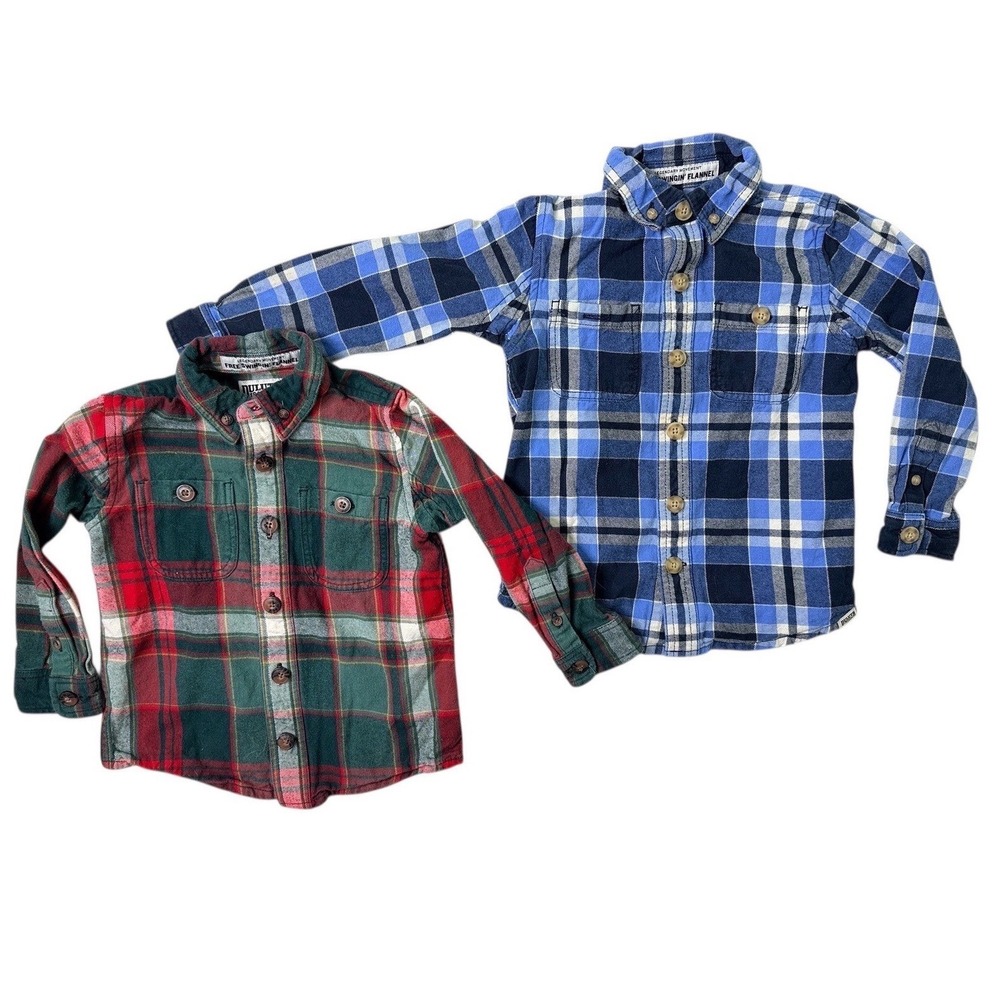 Duluth Trading Co Kids Free Swingin Flannel Plaid Shirts Lot 2 Sz 2T 3T Blue Red